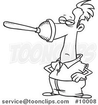 Cartoon Black and White Line Drawing of a Plunger on a Guy's Nose by Toonaday