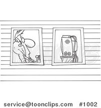 Cartoon Line Art Design of a View of a Guy Watching Television Through Windows by Toonaday