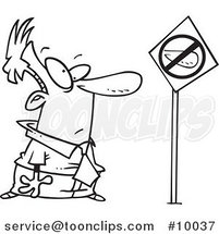 Cartoon Black and White Line Drawing of a Business Man by a Big Nose Prohibited Sign by Toonaday