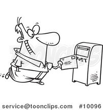 Cartoon Black and White Line Drawing of a Guy Sending off Mail by Toonaday