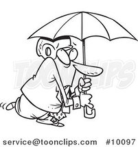 Cartoon Black and White Line Drawing of a Paranoid Business Man Wearing a Helmet Under an Umbrella by Toonaday