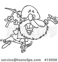 Cartoon Black and White Line Drawing of a Happy Prospector by Toonaday