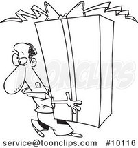 Cartoon Black and White Line Drawing of a Black Guy Holding a Giant Gift by Toonaday