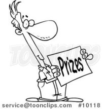 Cartoon Black and White Line Drawing of a Guy Holding a Prizes Sign by Toonaday