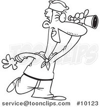 Cartoon Black and White Line Drawing of a Sailoor Using a Spyglass by Toonaday