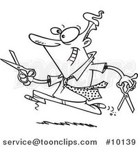 Cartoon Black and White Line Drawing of a Business Man Running with Scissors by Toonaday