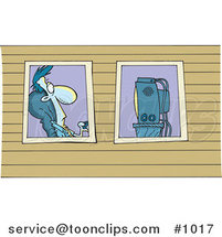 Cartoon View of a Guy Watching Television Through Windows by Toonaday