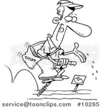 Cartoon Black and White Line Drawing of a Guy Seeding His Garden on a Pogo Stick by Toonaday