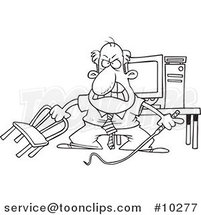 Cartoon Black and White Line Drawing of a Business Man Holding a Whip in Front of His Computer by Toonaday