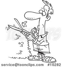 Cartoon Black and White Line Drawing of a Guy Trimming a Hedge by Toonaday