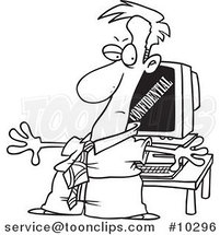 Cartoon Black and White Line Drawing of a Business Man Shielding Confidential Information on a Computer by Toonaday
