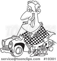 Cartoon Black and White Line Drawing of a Shifty Car Salesman by Toonaday