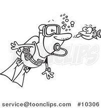 Cartoon Black and White Line Drawing of a Fish Sticking His Tongue out at a Scuba Diver by Toonaday