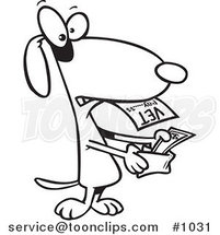 Cartoon Line Art Design of a Dog Pulling Cash out of His Wallet to Pay a Vet Bill by Toonaday
