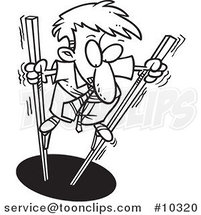 Cartoon Black and White Line Drawing of a Shaky Business Man Using Stilts by Toonaday