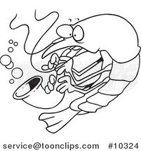 Cartoon Black and White Line Drawing of a Shrimp Playing a Saxophone by Toonaday