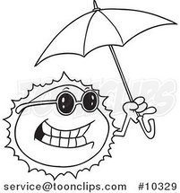 Cartoon Black and White Line Drawing of a Sun Holding an Umbrella by Toonaday