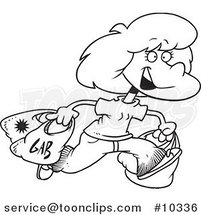 Cartoon Black and White Line Drawing of a Lady Carrying Shopping Bags by Toonaday
