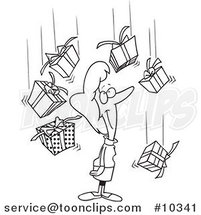 Cartoon Black and White Line Drawing of a Lady Being Showered in Gifts by Toonaday