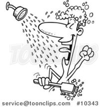 Cartoon Black and White Line Drawing of a Guy Singing in the Shower by Toonaday