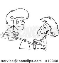 Cartoon Black and White Line Drawing of a Boy and Girl on a Teeter Totter by Toonaday