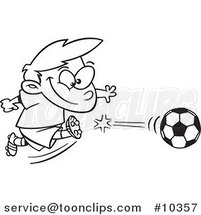 Cartoon Black and White Line Drawing of a Boy Kicking a Soccer Ball by Toonaday