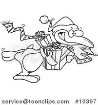Cartoon Black and White Line Drawing of a Giving Christmas Penguin by Toonaday