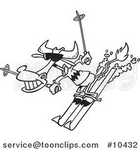 Cartoon Black and White Line Drawing of a Skiing Cow by Toonaday