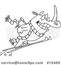 Cartoon Black and White Line Drawing of a Skiing Rhino by Toonaday
