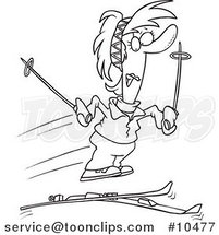 Cartoon Black and White Line Drawing of a Lady Losing Her Skis by Toonaday