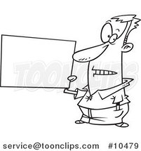 Cartoon Black and White Line Drawing of a Guy Holding a Blank Sign by Toonaday