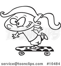 Cartoon Black and White Line Drawing of a Skateboarding Girl by Toonaday