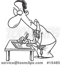 Cartoon Black and White Line Drawing of a Black Business Man Signing a Document by Toonaday