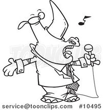 Cartoon Black and White Line Drawing of a Singing Rhino by Toonaday