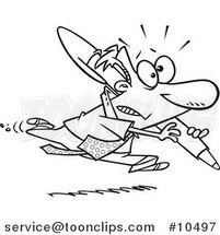 Cartoon Black and White Line Drawing of a Business Man Running with a Pen by Toonaday