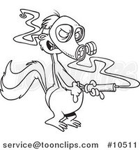 Cartoon Black and White Line Drawing of a Skunk Wearing a Mask and Spraying by Toonaday