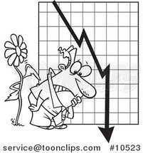 Cartoon Black and White Line Drawing of a Flower Tapping on a Guy by a Failing Chart by Toonaday