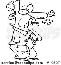Cartoon Black and White Line Drawing of a Business Man Smoking by Toonaday
