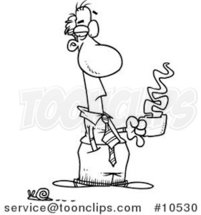 Cartoon Black and White Line Drawing of a Business Man Holding Coffee and Watching a Snail Pass by Toonaday