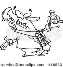 Cartoon Black and White Line Drawing of a Business Man Holding Snake Oil by Toonaday