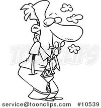 Cartoon Black and White Line Drawing of a Sneaky Business Man Smoking by Toonaday