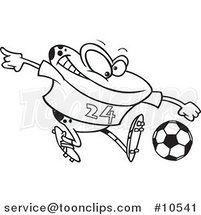 Cartoon Black and White Line Drawing of a Frog Playing Soccer by Toonaday