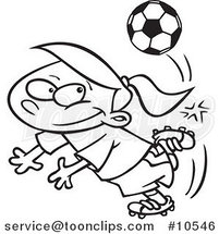 Cartoon Black and White Line Drawing of a Soccer Girl Doing a Kick Trick by Toonaday