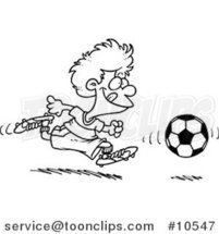 Cartoon Black and White Line Drawing of a Boy Running After a Soccer Ball by Toonaday
