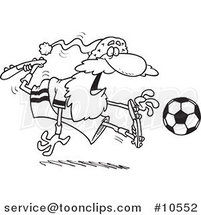 Cartoon Black and White Line Drawing of Santa Playing Soccer by Toonaday