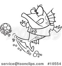 Cartoon Black and White Line Drawing of a Fish Playing Soccer by Toonaday
