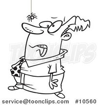 Cartoon Black and White Line Drawing of a Scared Guy Watching a Spider by Toonaday
