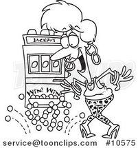 Cartoon Black and White Line Drawing of a Lady Winning the Jackpot by Toonaday