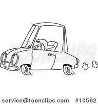 Cartoon Black and White Line Drawing of a Short Lady Driving by Toonaday