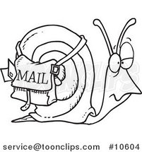 Cartoon Black and White Line Drawing of a Snail Mail by Toonaday